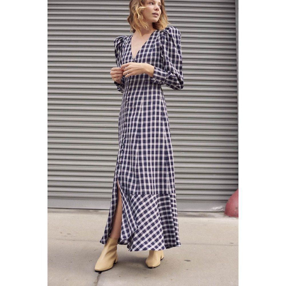 Mr. Larkin navy blue white plaid checkered puff sleeve button down maxi dress